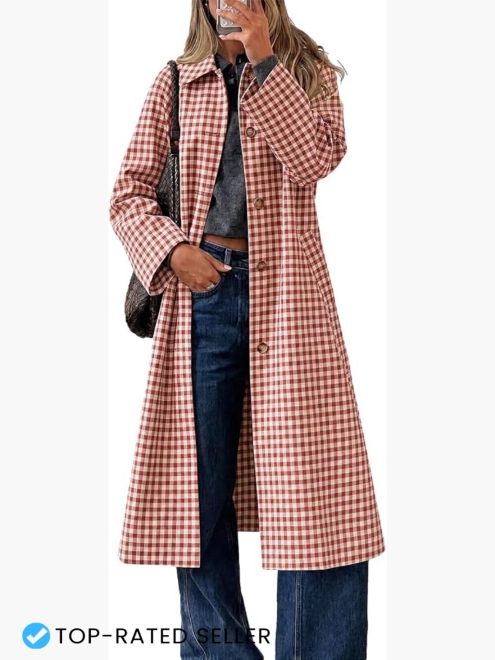 Classic Plaid Trench Coat Fall Lapel Single Breasted Long Jacket Chic Elegant